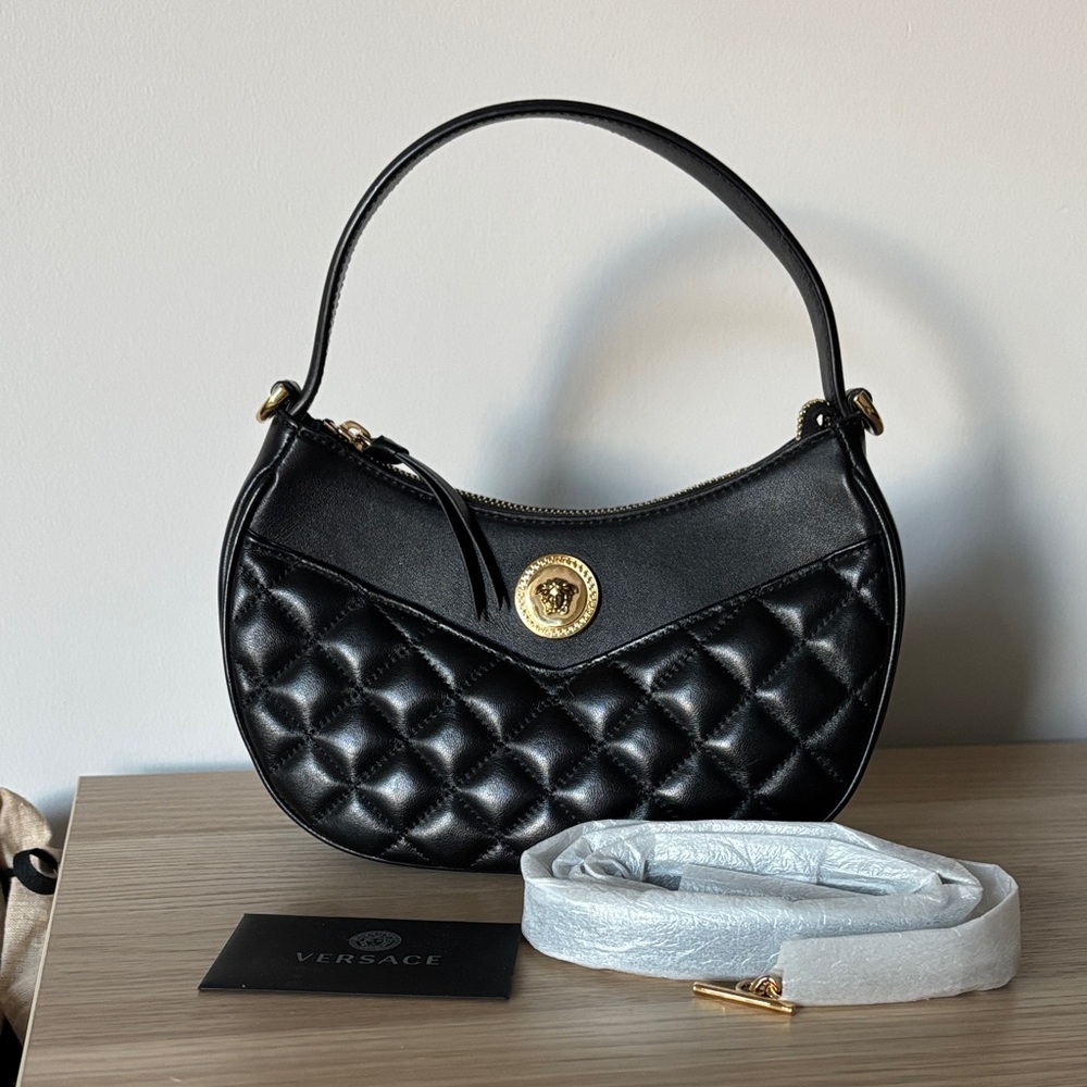 Versace Black Quilted Medusa Hand Bag with strap- like new